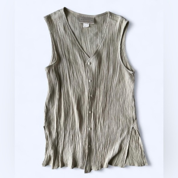 Vintage 90s Express Beige Cream Ribbed Button Sleeveless Boho Vest Shirt Medium - Picture 3 of 10